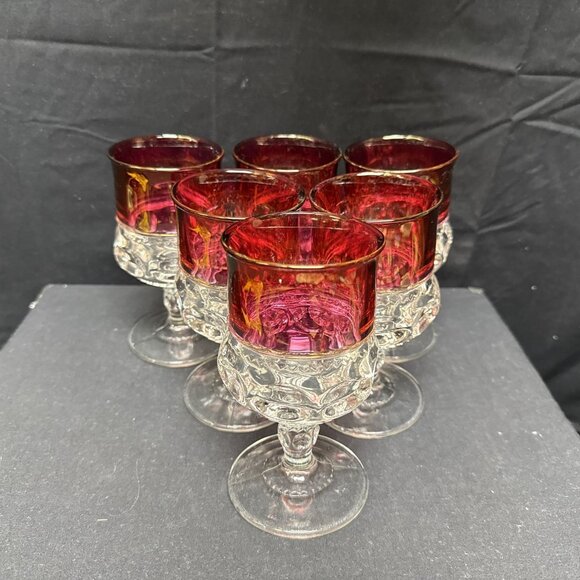 6 Tiffin Cranberry "Kings Crown" Pattern Pedestal 5 5/8" High Water Goblets - Picture 1 of 6
